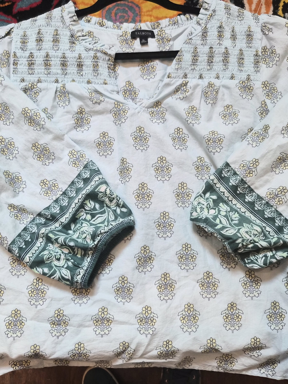 Talbots White Floral Print Tunic with Green Cuffs